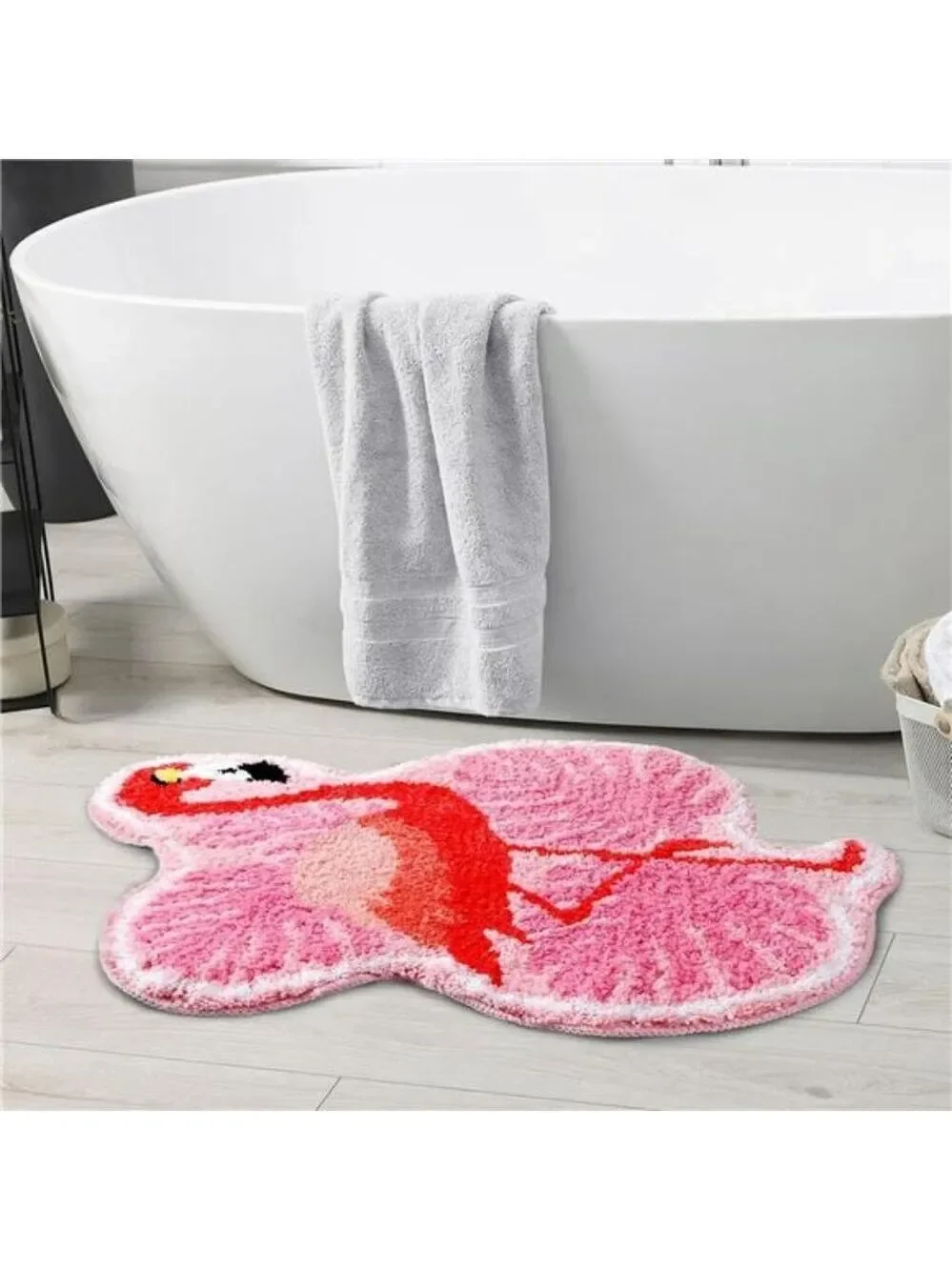 Pink Flamingo Palm Bath Mat Tropical Tufted Non Slip Bathroom Rug Soft Floor Dec